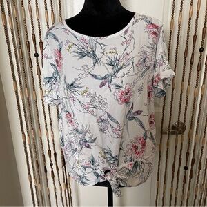 Buffalo David Britton Tie Front Scoop Neck Floral Short Sleeve Top L Whi…